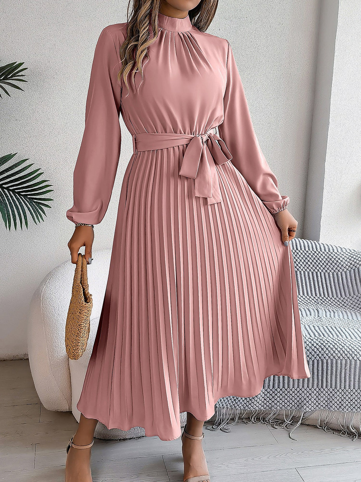 Ruched Mock Neck Tie Waist Pleated A-Line Dress