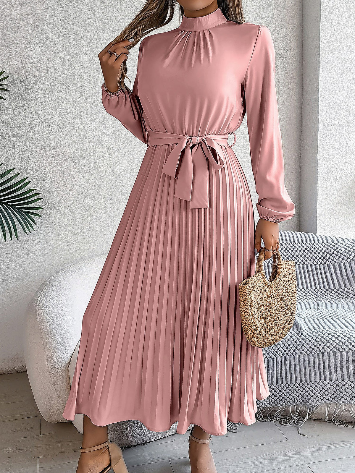Ruched Mock Neck Tie Waist Pleated A-Line Dress