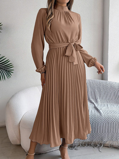 Ruched Mock Neck Tie Waist Pleated A-Line Dress