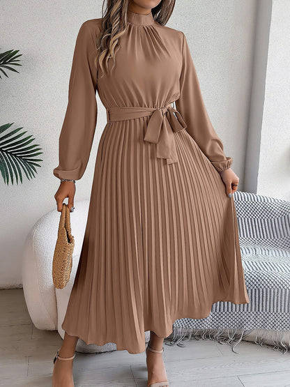 Ruched Mock Neck Tie Waist Pleated A-Line Dress