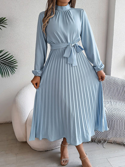 Ruched Mock Neck Tie Waist Pleated A-Line Dress