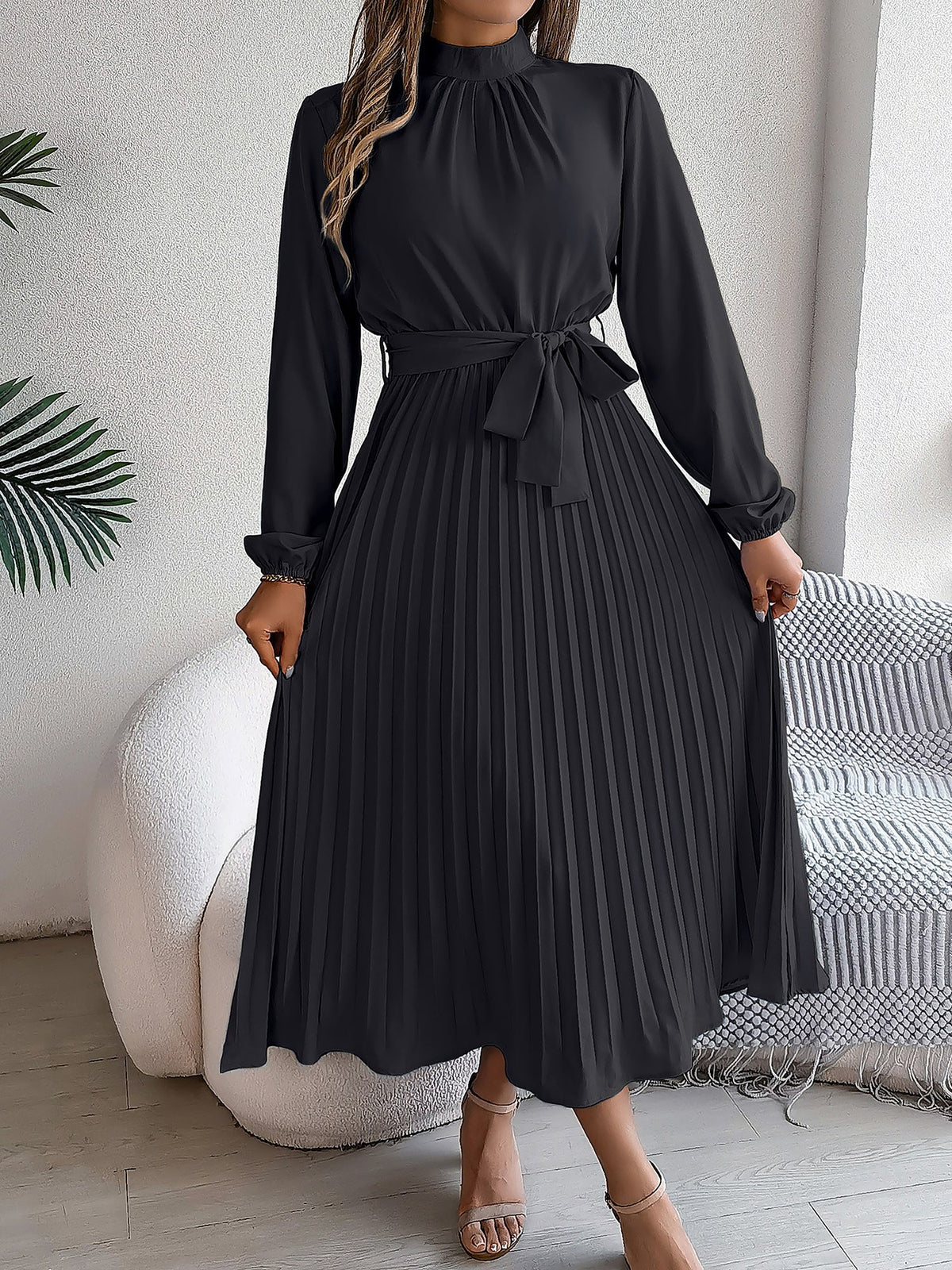 Ruched Mock Neck Tie Waist Pleated A-Line Dress