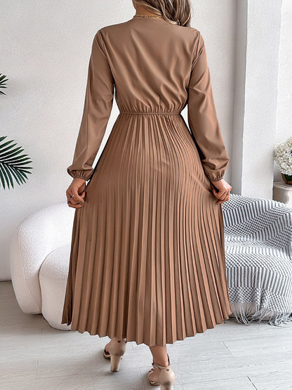 Lace V Neck Puff Long Sleeves Pleated A-Line Dress
