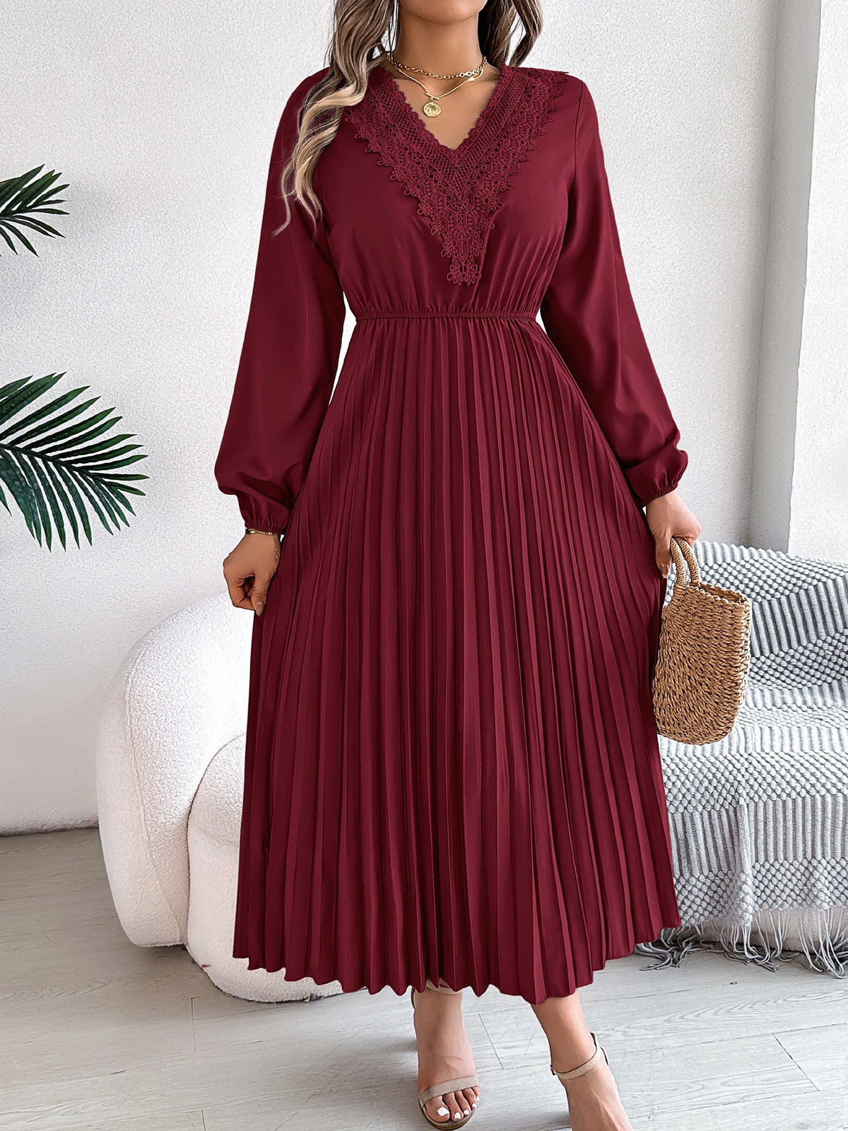 Lace V Neck Puff Long Sleeves Pleated A-Line Dress