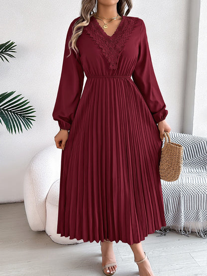 Lace V Neck Puff Long Sleeves Pleated A-Line Dress