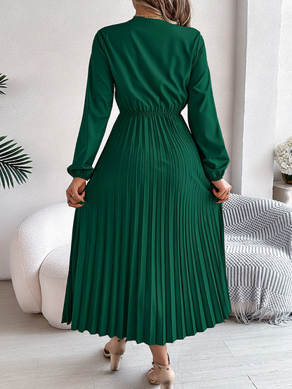 Lace V Neck Puff Long Sleeves Pleated A-Line Dress