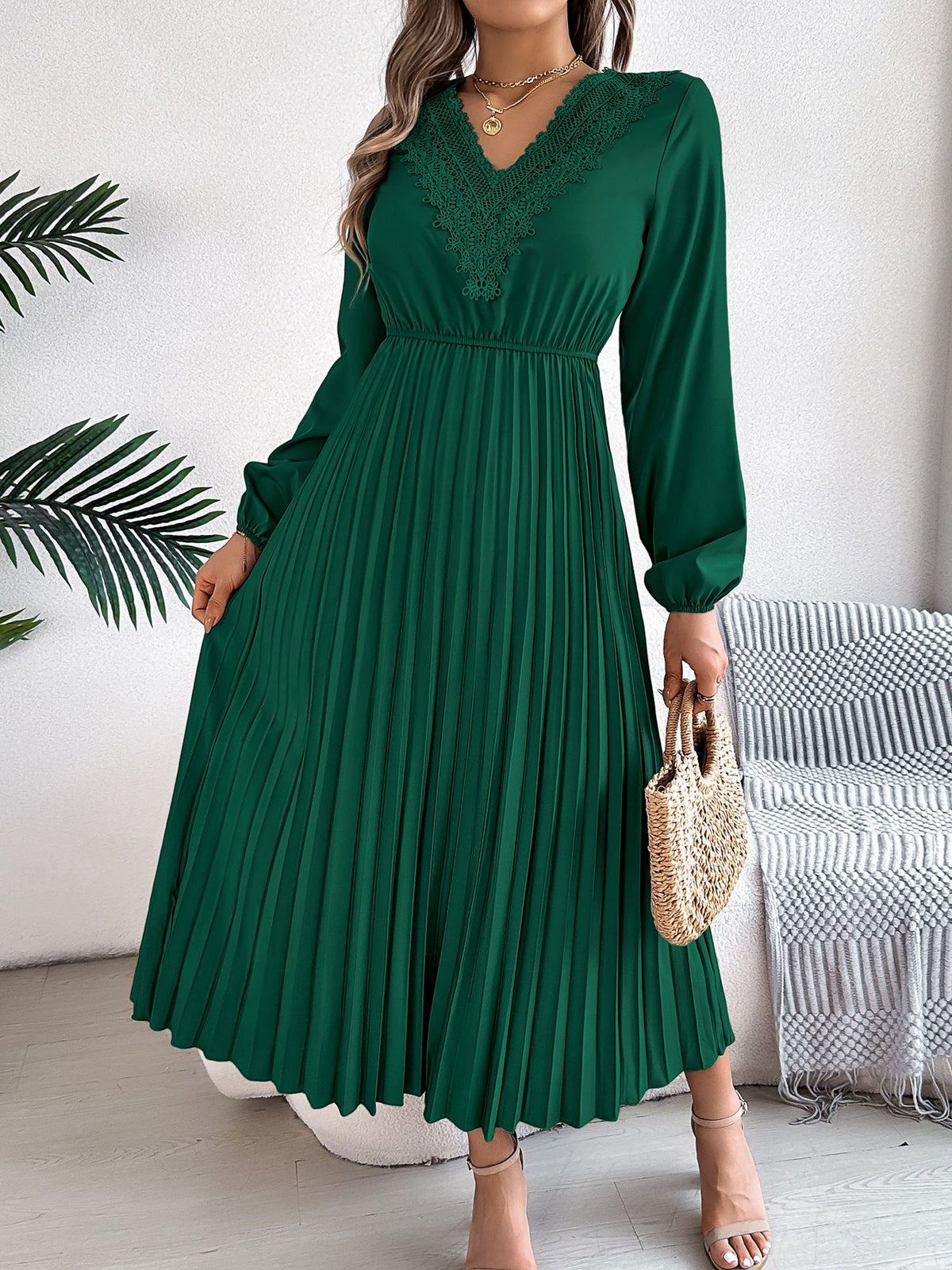 Lace V Neck Puff Long Sleeves Pleated A-Line Dress