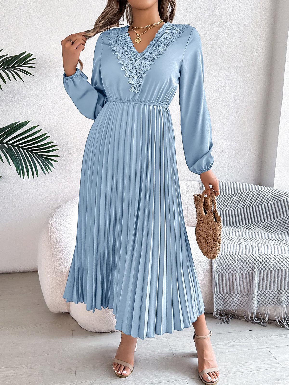 Lace V Neck Puff Long Sleeves Pleated A-Line Dress