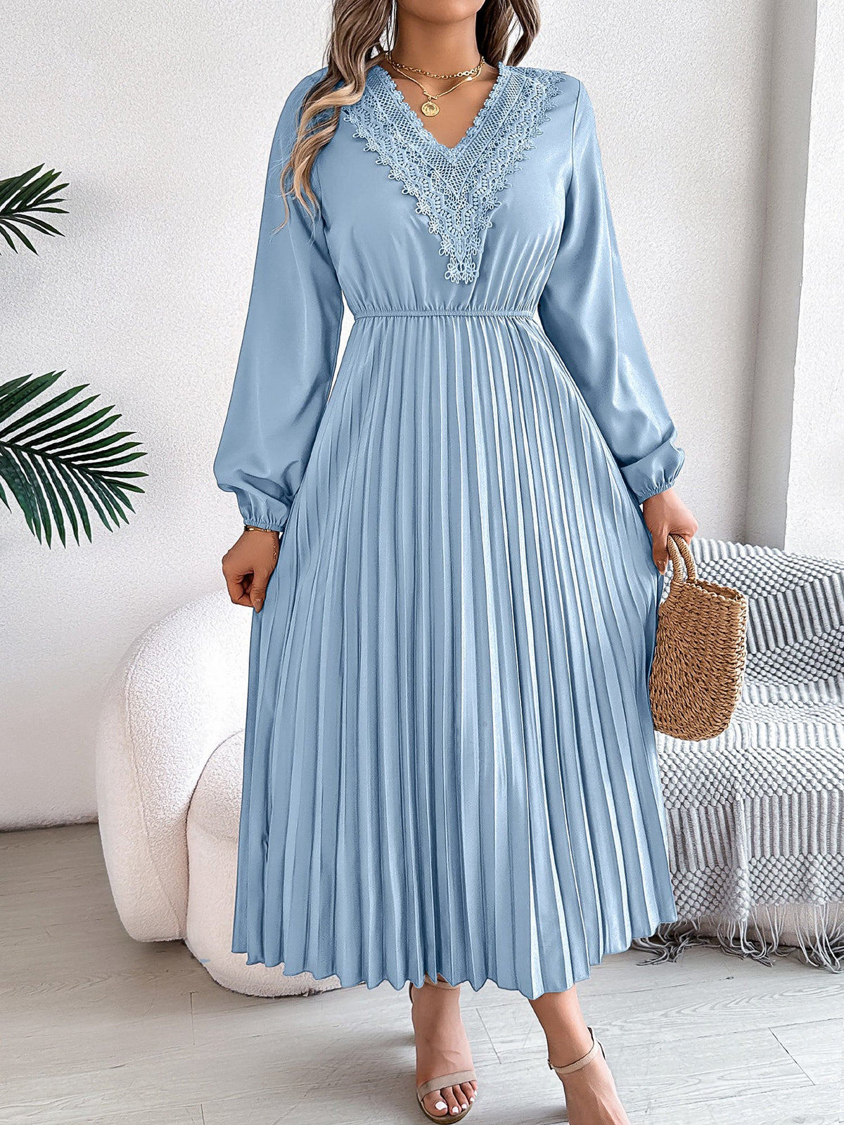 Lace V Neck Puff Long Sleeves Pleated A-Line Dress