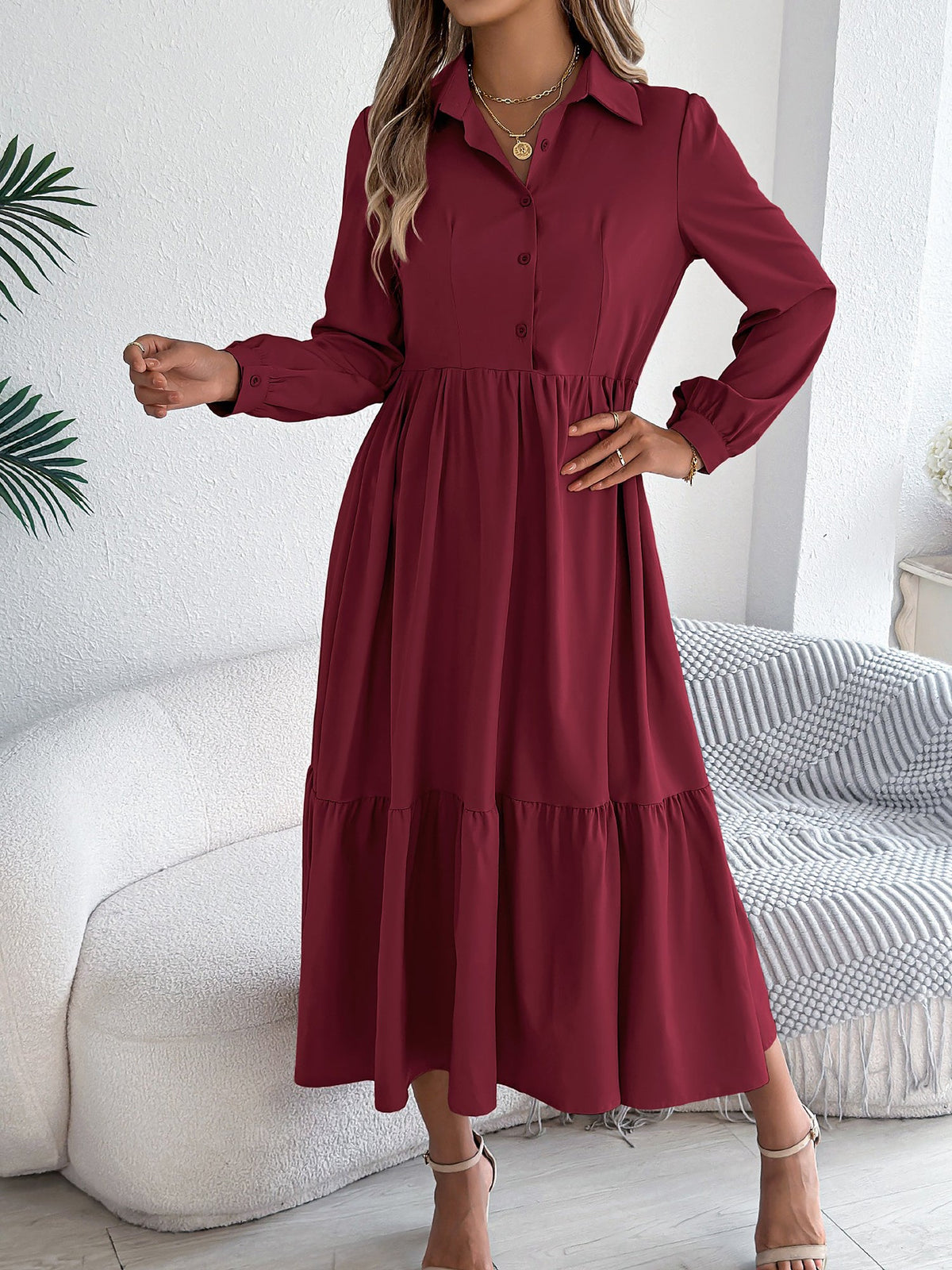 Lapel Button Down Long Sleeves Tiered Shirt Dress