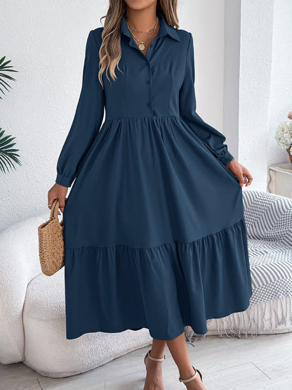 Lapel Button Down Long Sleeves Tiered Shirt Dress