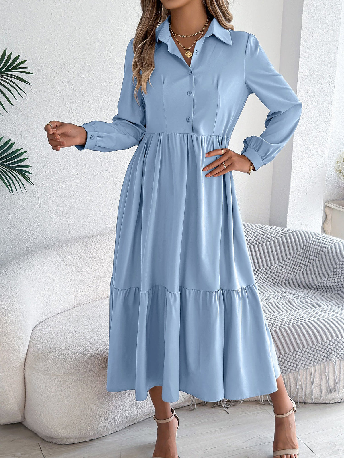 Lapel Button Down Long Sleeves Tiered Shirt Dress