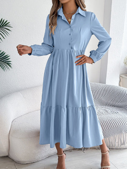 Lapel Button Down Long Sleeves Tiered Shirt Dress