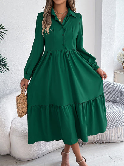 Lapel Button Down Long Sleeves Tiered Shirt Dress