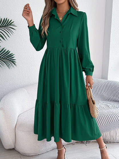 Lapel Button Down Long Sleeves Tiered Shirt Dress