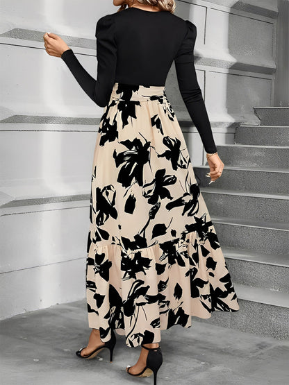Crew Neck Ruched Sleeves Patchwork Graphic A-Line Tiered Dress