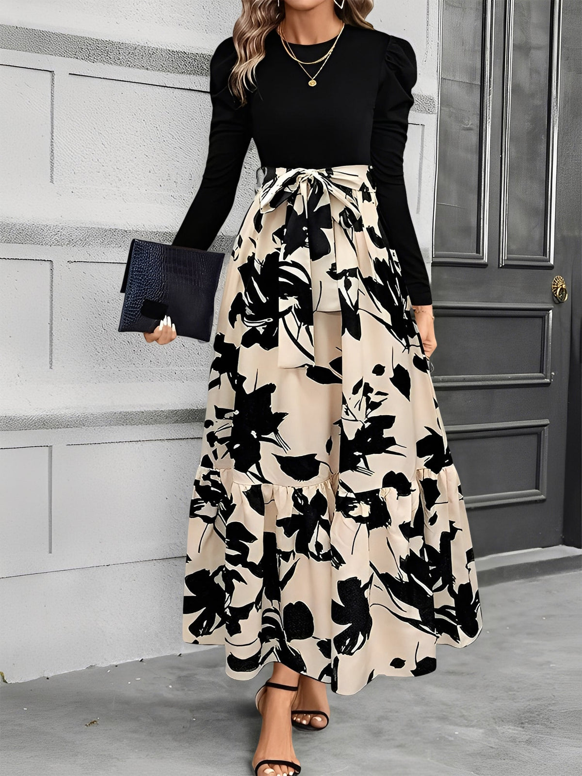 Crew Neck Ruched Sleeves Patchwork Graphic A-Line Tiered Dress