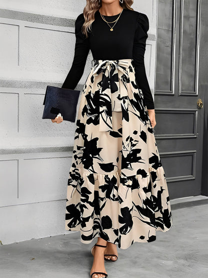 Crew Neck Ruched Sleeves Patchwork Graphic A-Line Tiered Dress