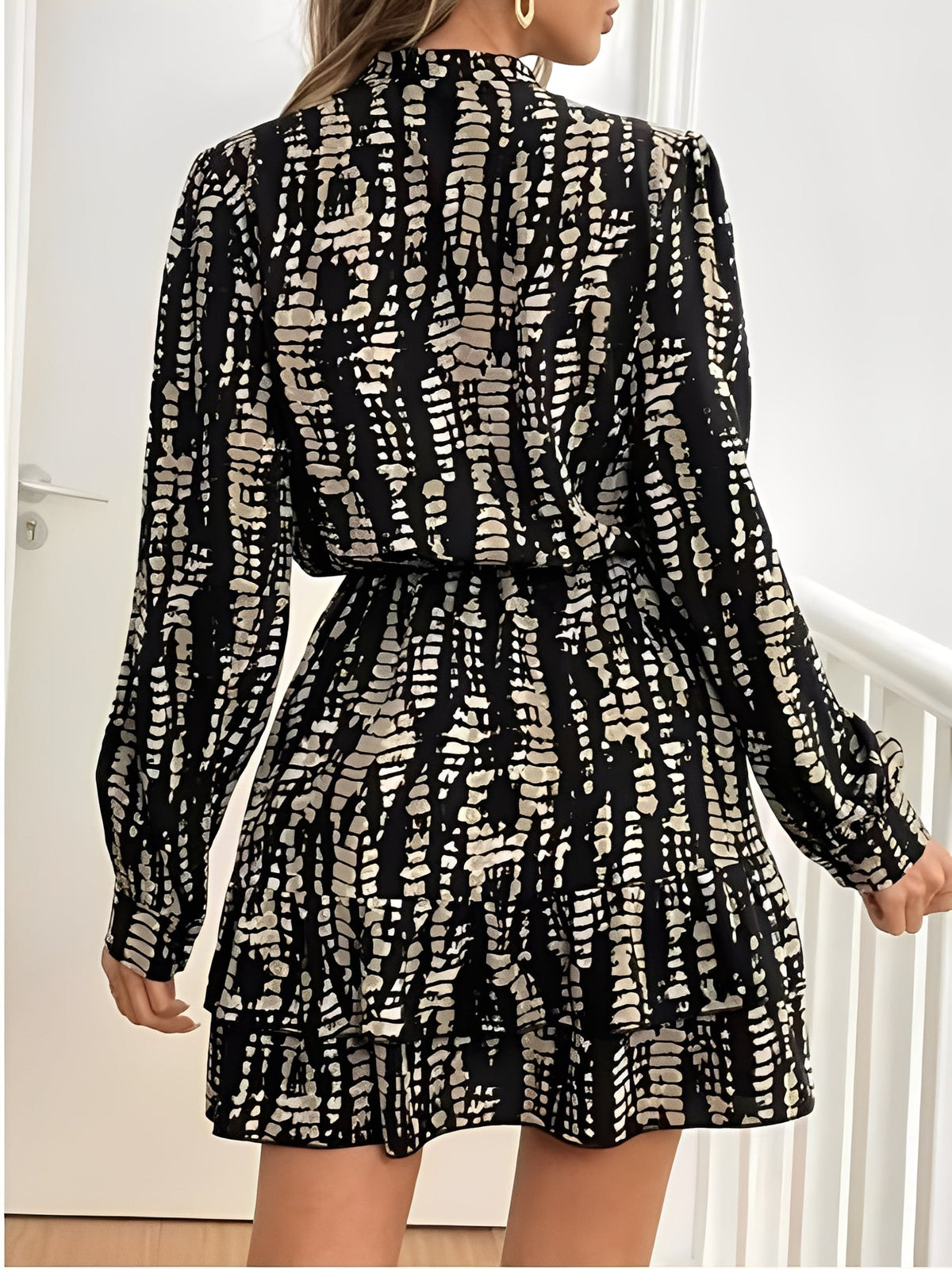 Graphic V Neck Long Sleeves Ruffled Layered Mini Dress