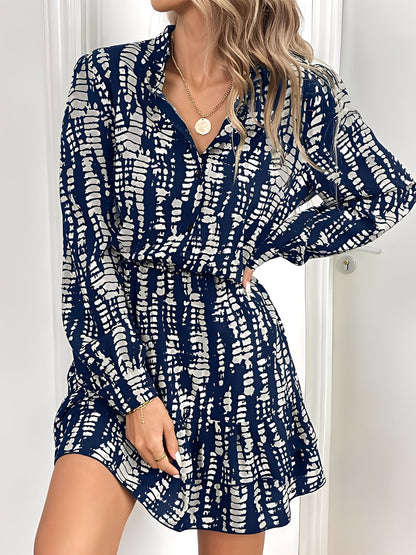 Graphic V Neck Long Sleeves Ruffled Layered Mini Dress
