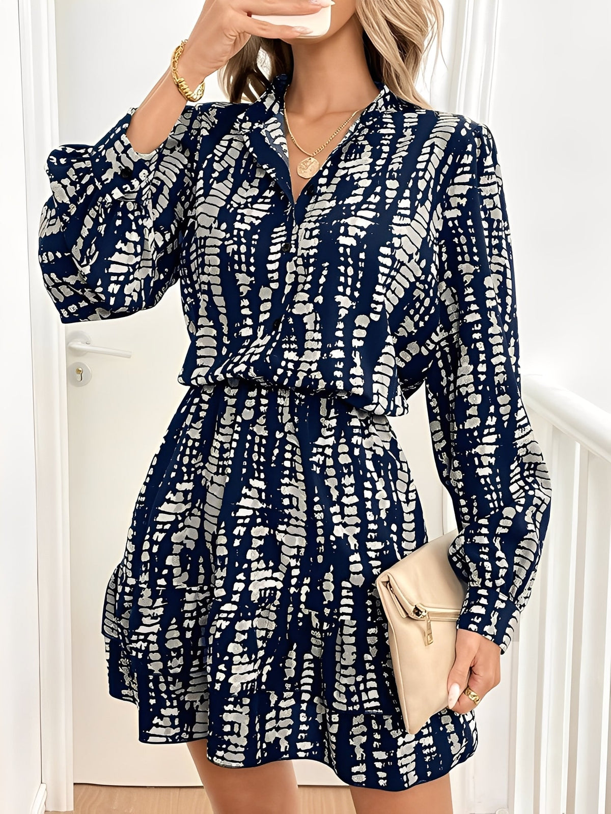 Graphic V Neck Long Sleeves Ruffled Layered Mini Dress
