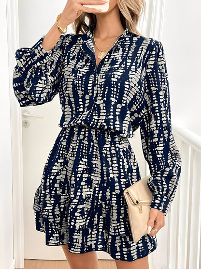 Graphic V Neck Long Sleeves Ruffled Layered Mini Dress