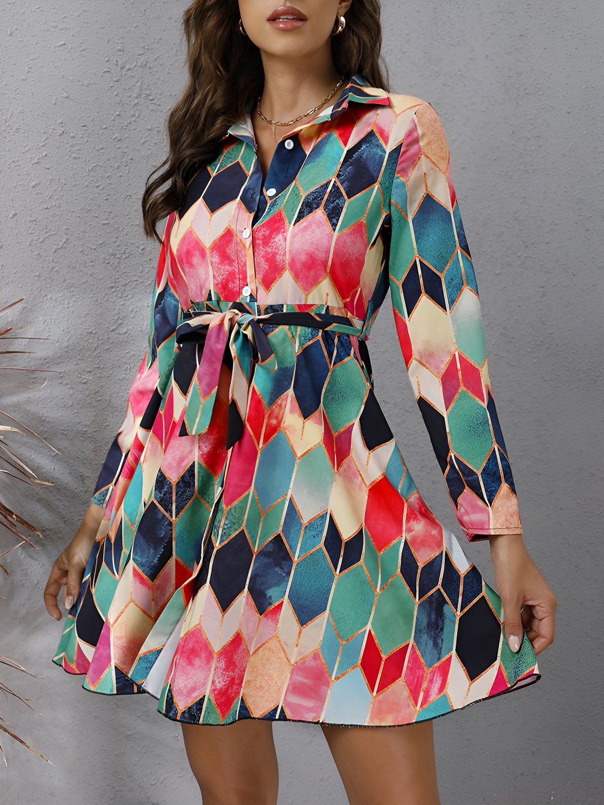 Graphic Collared Long Sleeves Lace-Up Shirt Dress