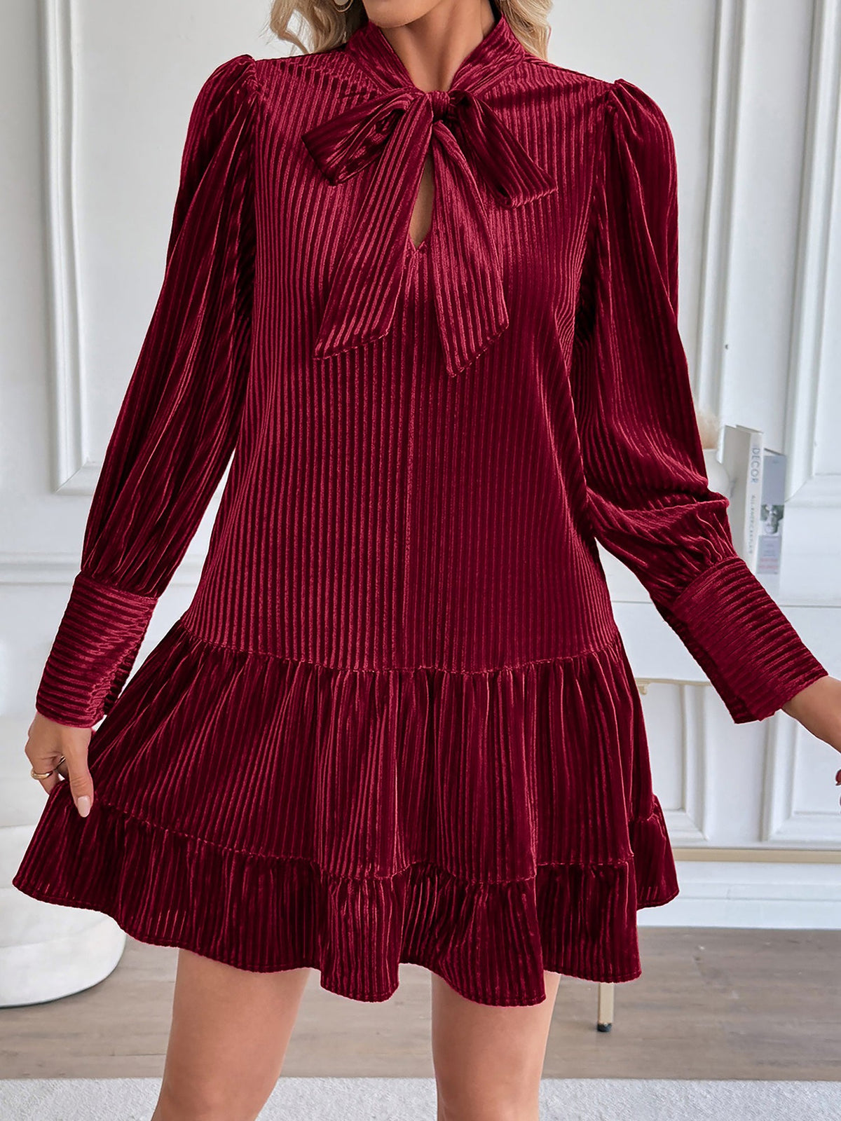 Velvet Textured Bow-Tie Puff Sleeves Ruffled Tiered Dress