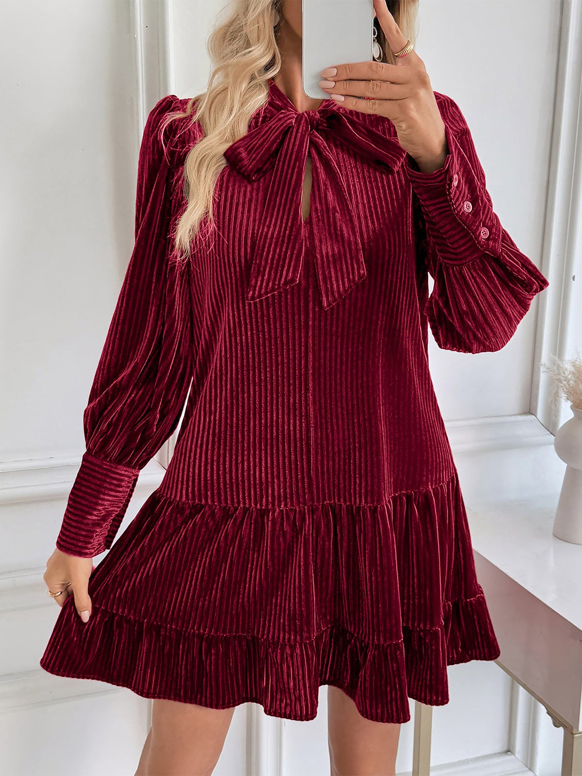 Velvet Textured Bow-Tie Puff Sleeves Ruffled Tiered Dress