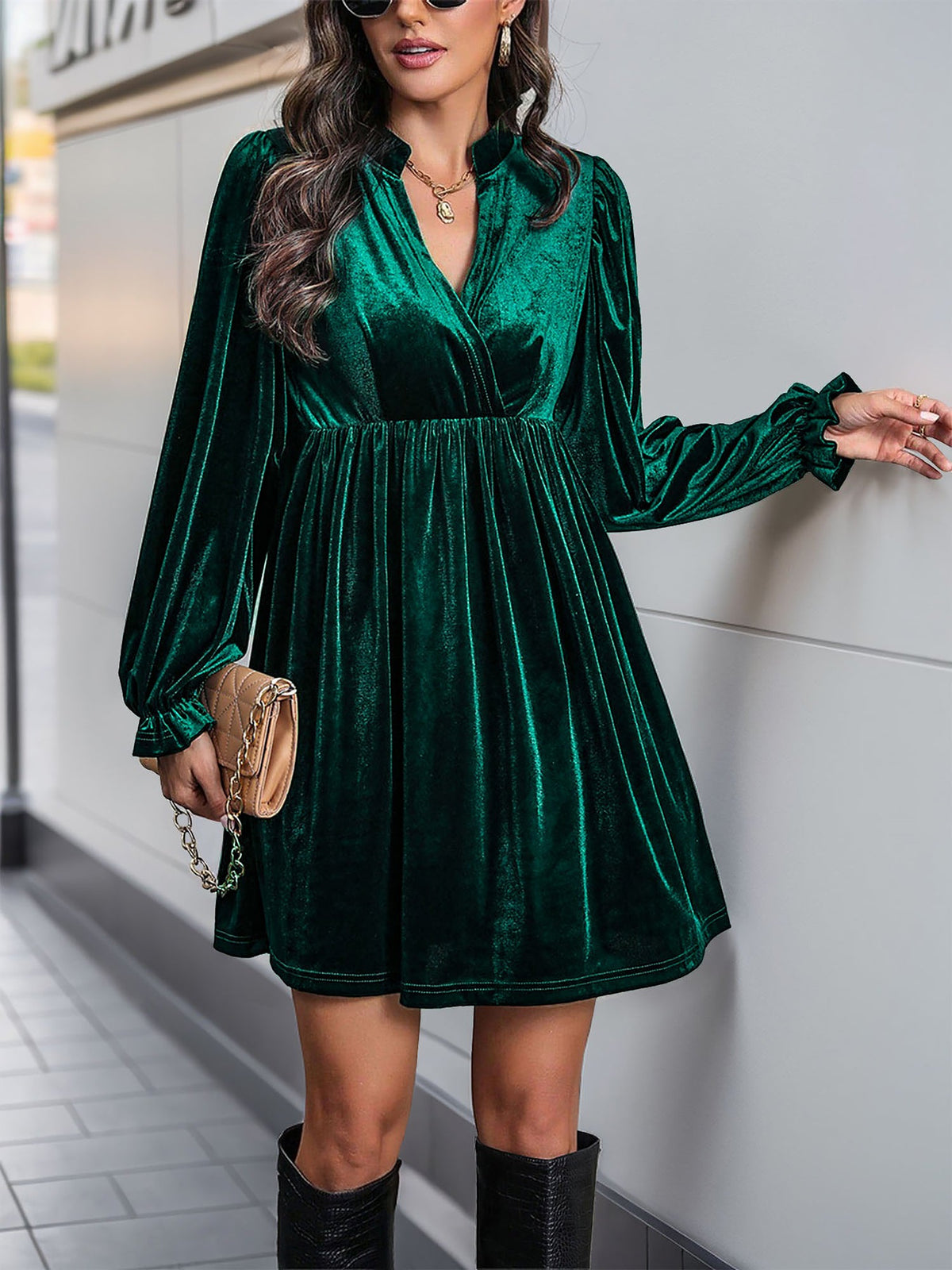 Velvet Notch Neck Puff Sleeves Ruffled Babydoll Dress