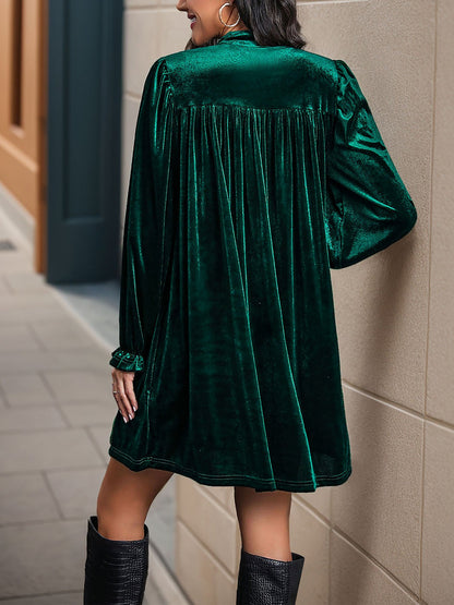 Velvet Notch Neck Puff Sleeves Ruffled Babydoll Dress