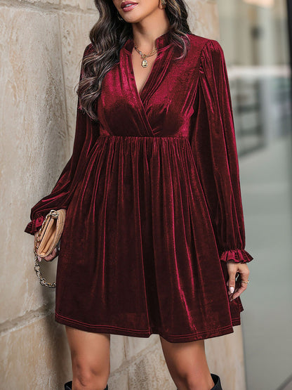 Velvet Notch Neck Puff Sleeves Ruffled Babydoll Dress