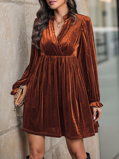 Velvet Notch Neck Puff Sleeves Ruffled Babydoll Dress
