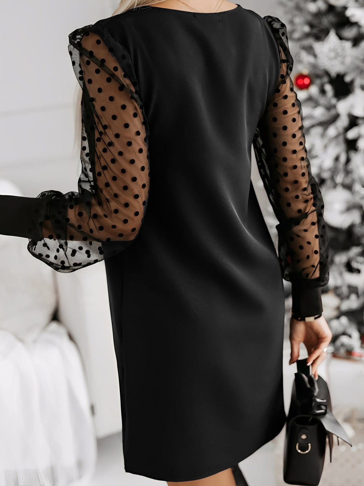 Polka Dot Mesh Long Sleeves Mini Sheath Dress