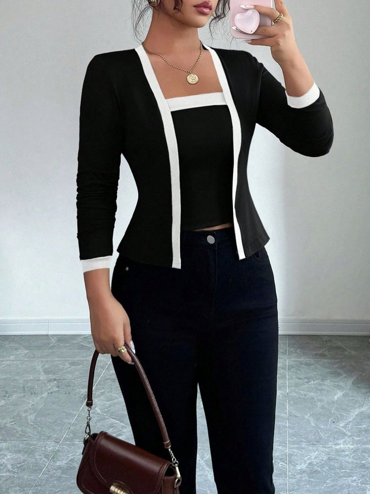 2 Pieces Colorblock Sleeveless Top & Long Sleeves Open Front Jacket Set