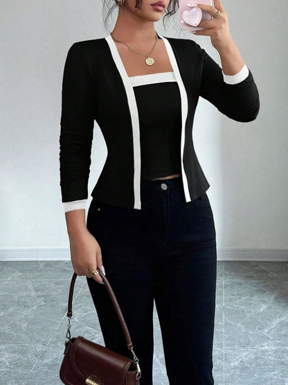 2 Pieces Colorblock Sleeveless Top & Long Sleeves Open Front Jacket Set