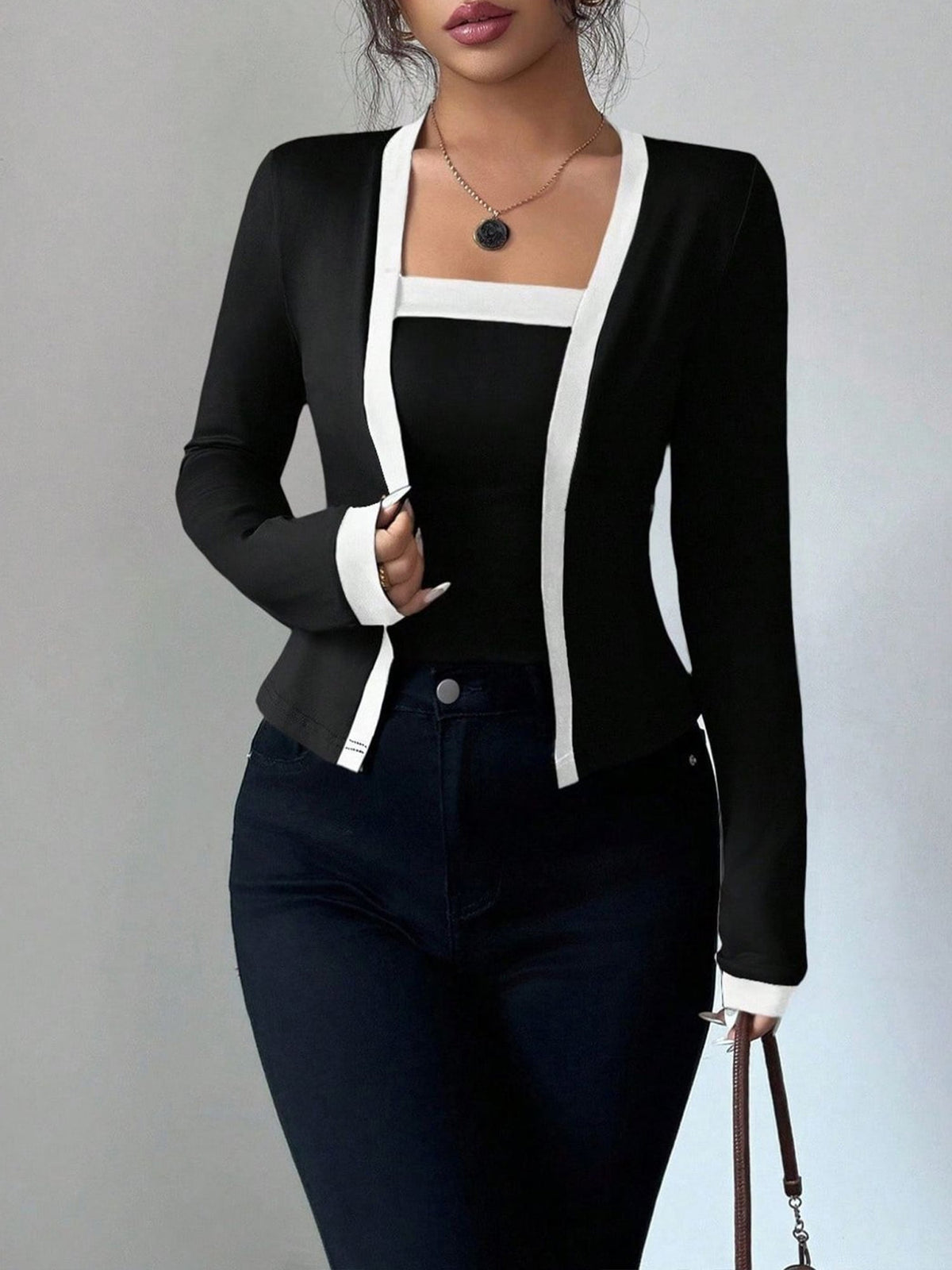 2 Pieces Colorblock Sleeveless Top & Long Sleeves Open Front Jacket Set