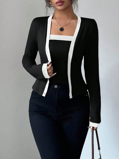 2 Pieces Colorblock Sleeveless Top & Long Sleeves Open Front Jacket Set