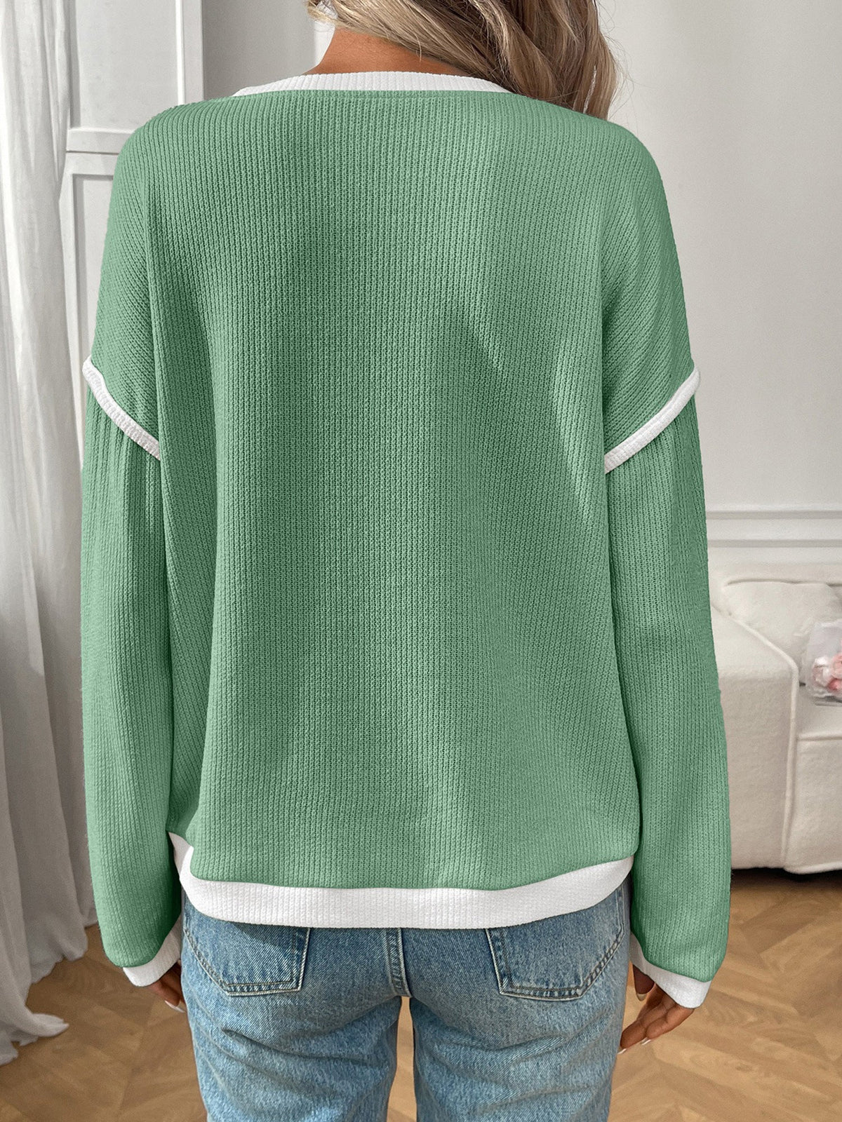 Round Neck Long Sleeves Colorblock Tops