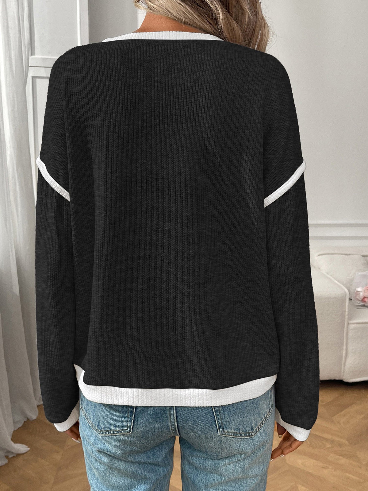 Round Neck Long Sleeves Colorblock Tops
