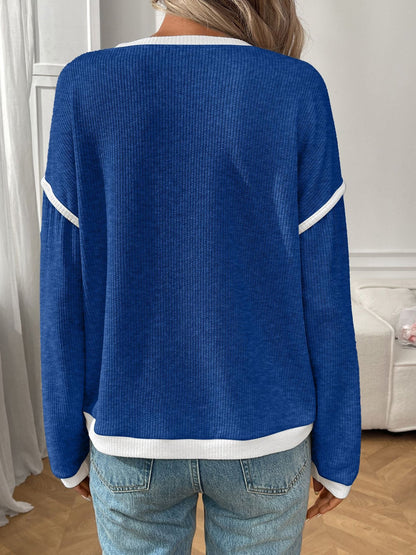 Round Neck Long Sleeves Colorblock Tops