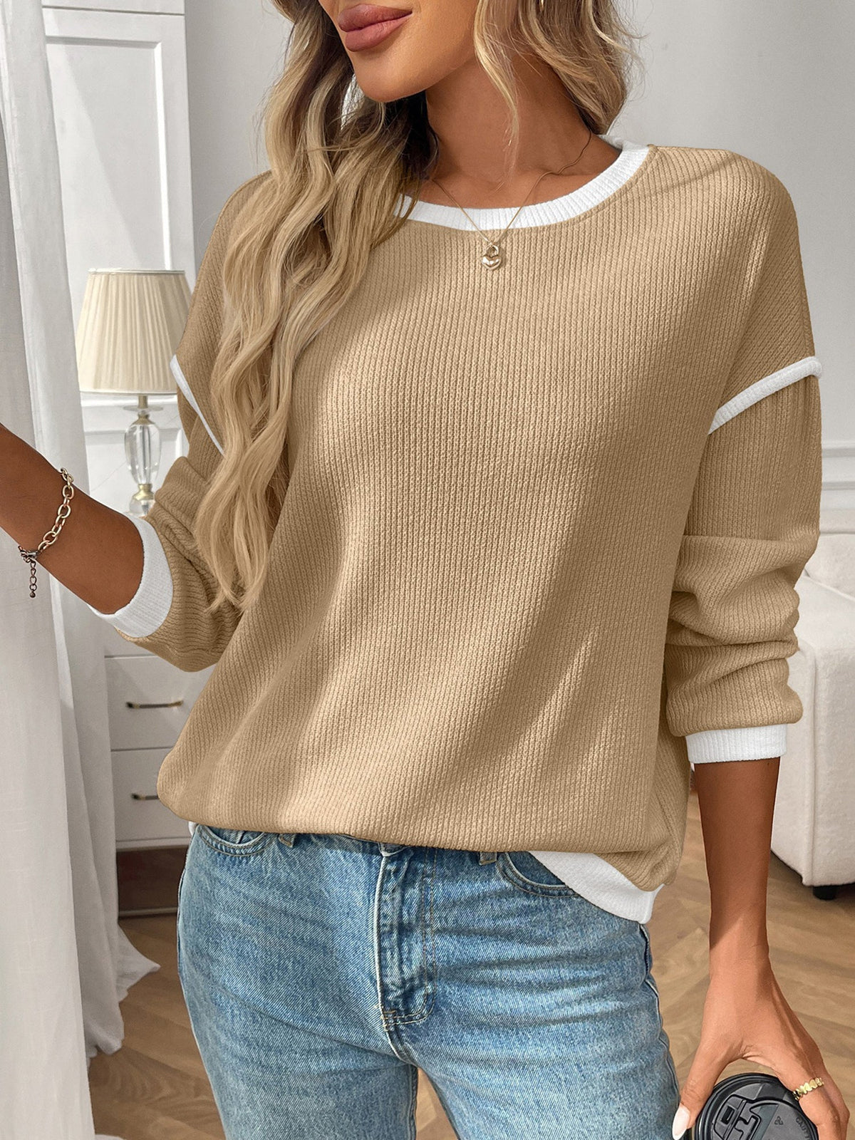Round Neck Long Sleeves Colorblock Tops
