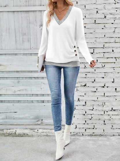 V Neck Colorblock Button Decor Casual Blouse