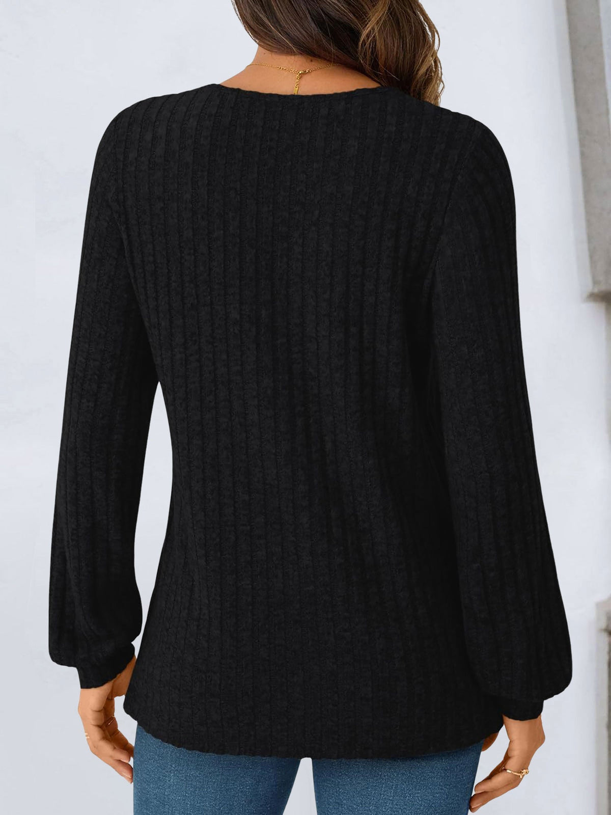 Solid Color V Neck Long Sleeve Textured Top