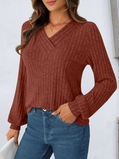 Solid Color V Neck Long Sleeve Textured Top