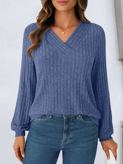 Solid Color V Neck Long Sleeve Textured Top