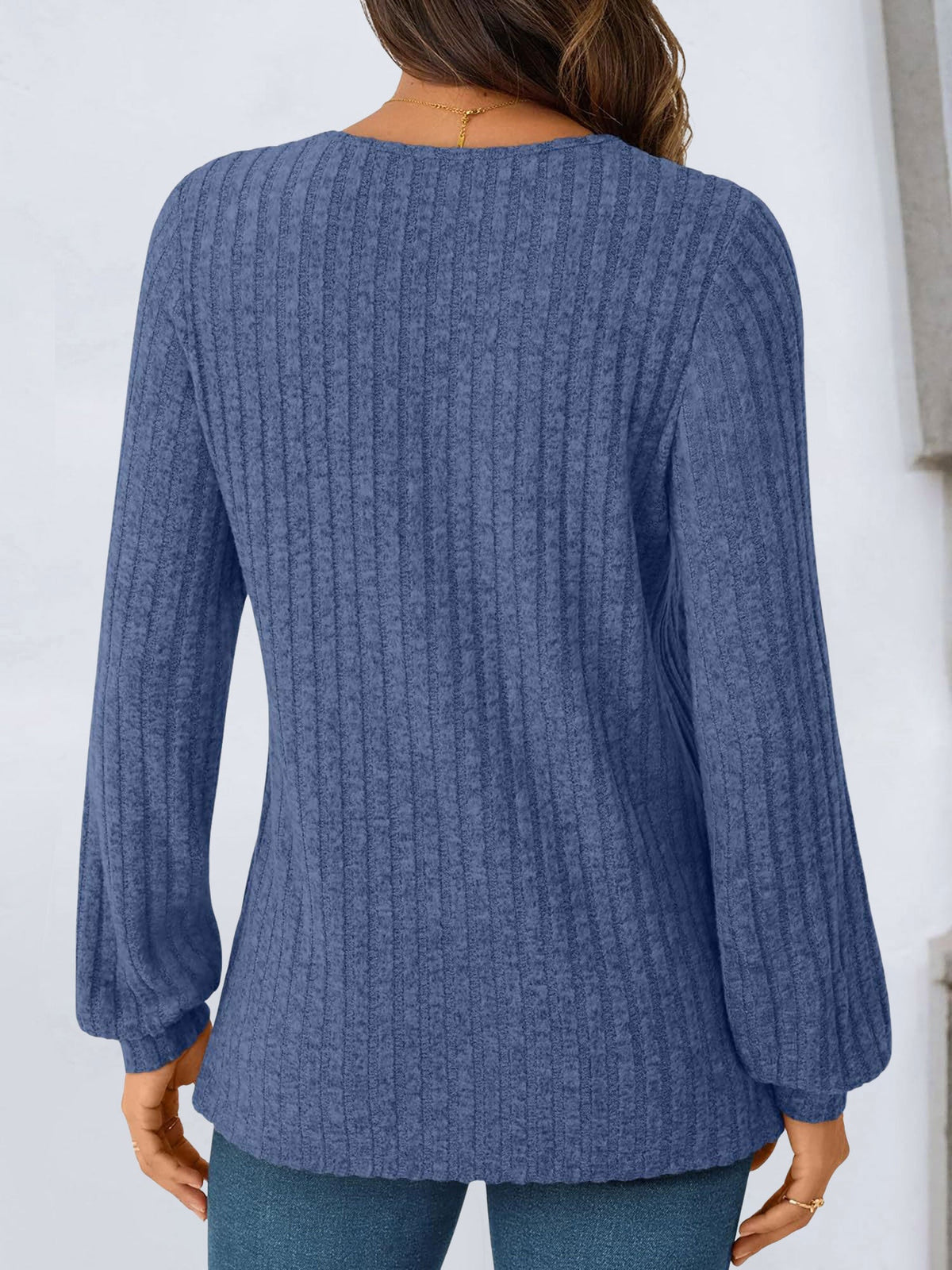 Solid Color V Neck Long Sleeve Textured Top