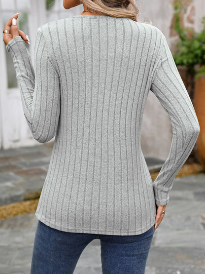 Round Neck Long Sleeves Button Decor Blouse