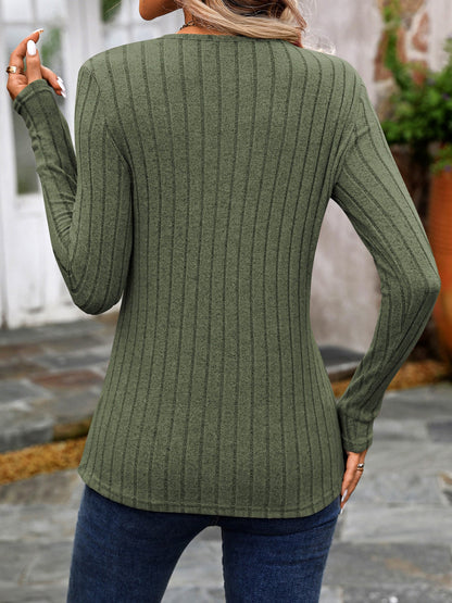 Round Neck Long Sleeves Button Decor Blouse