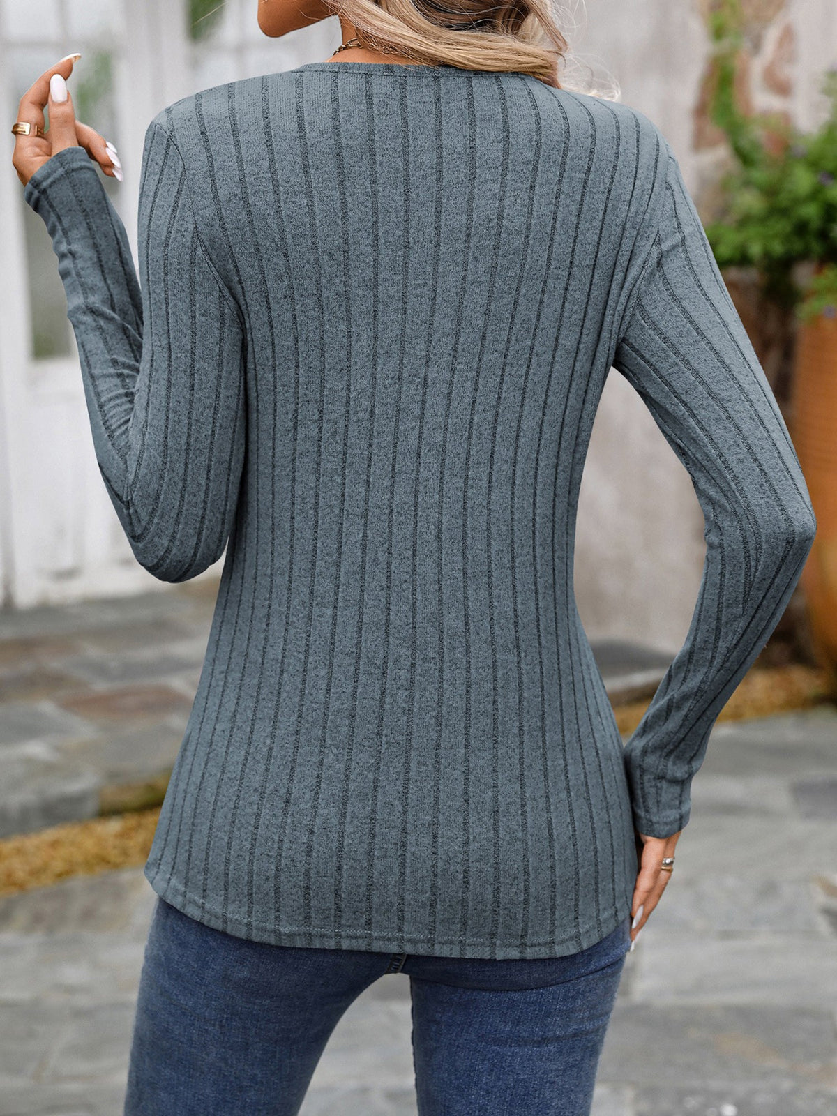 Round Neck Long Sleeves Button Decor Blouse